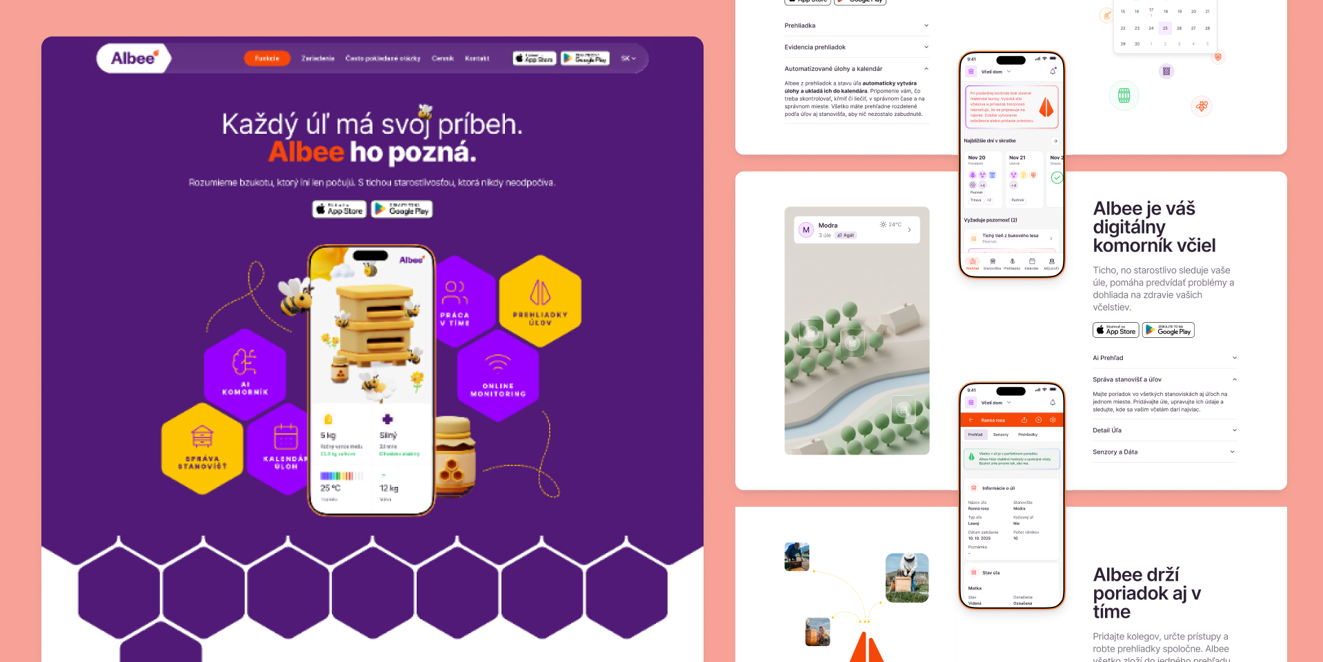 Koláž webových obrazoviek a landing page Albee