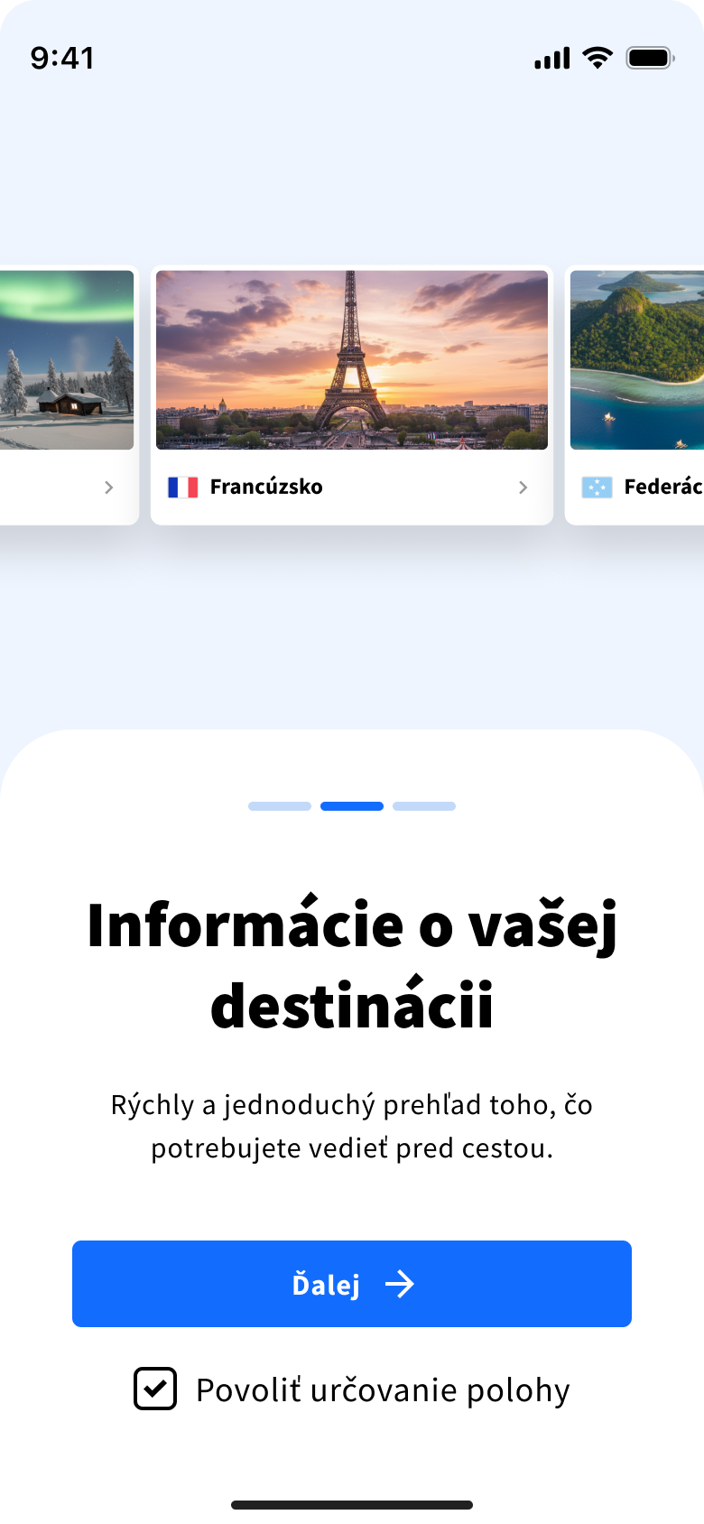 Onboarding ukážka - informácie o destinácii