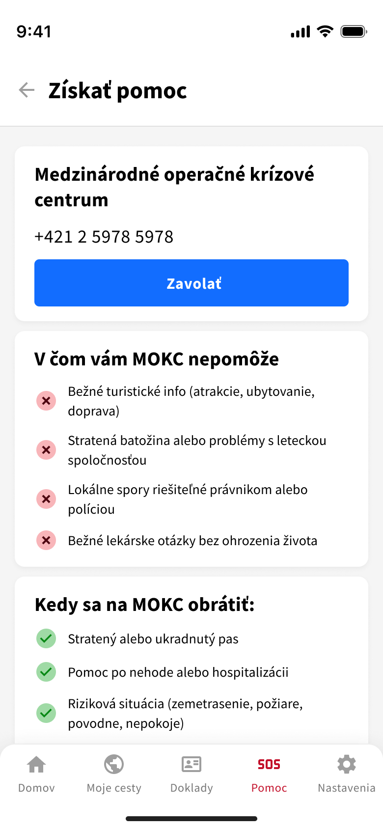 Ukážka núdzového kontaktu v aplikácii Svetobežka