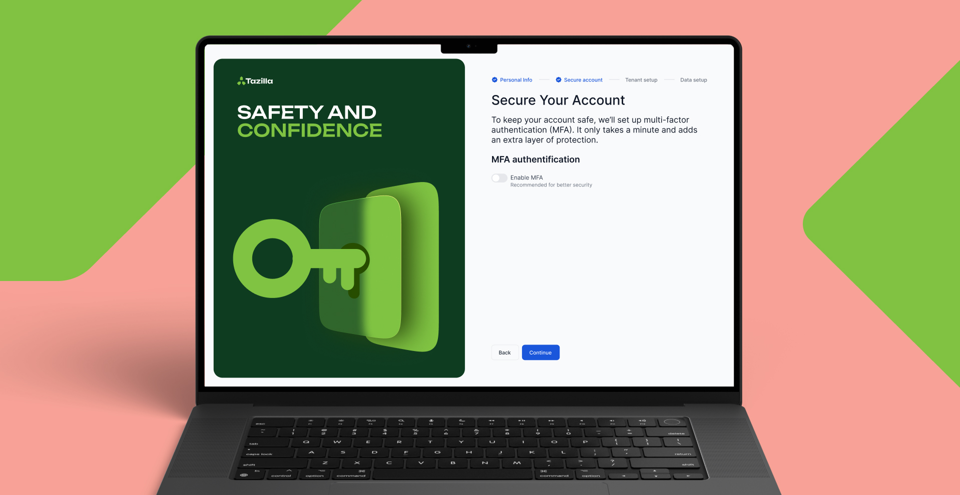 Tazilla brand systém zobrazený na notebooku so SaaS onboarding obrazovkou